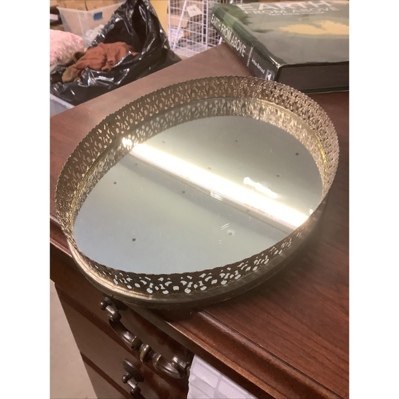 Vintage BRASS FILIGREE MIRROR Oval Vanity Dresser Tray 13x9” Regency Art Deco - Picture 1 of 8